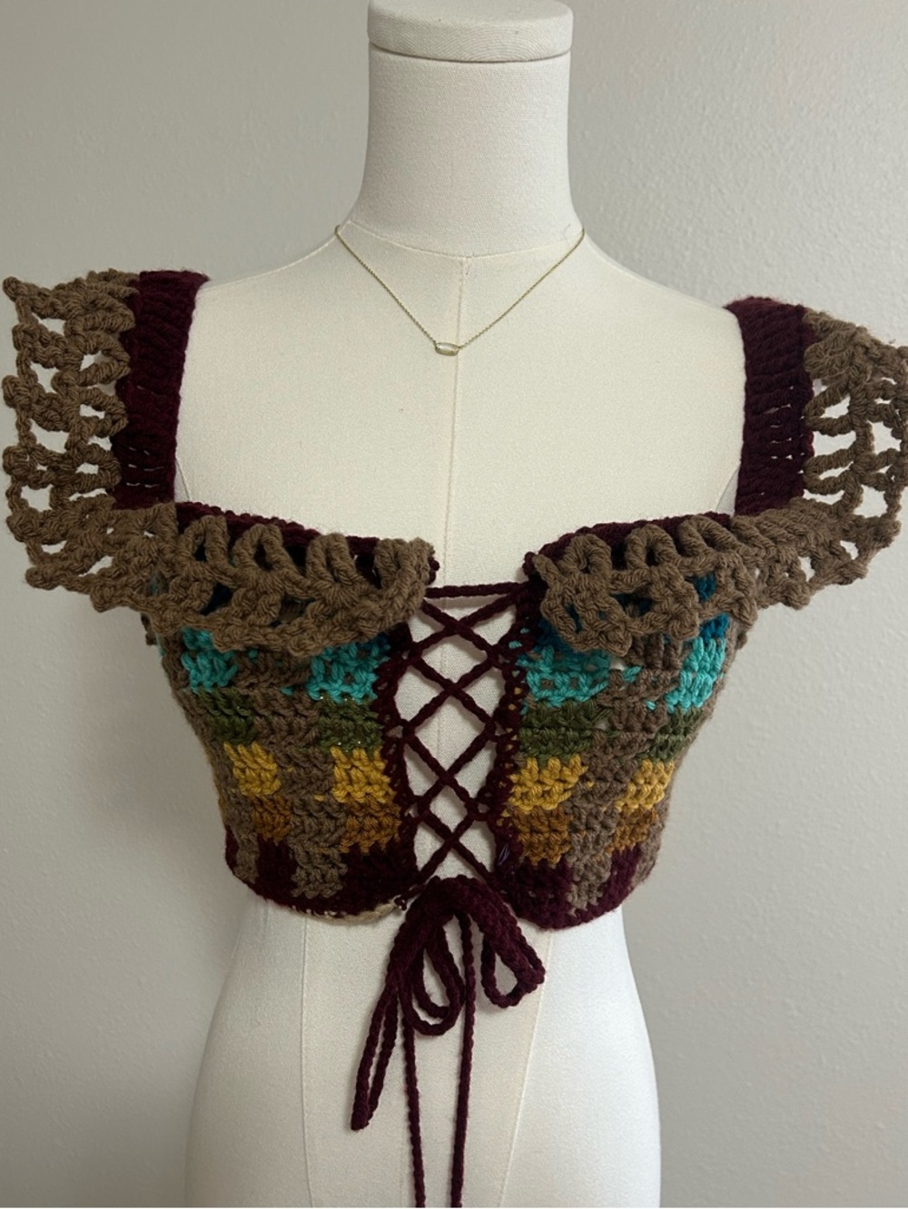Handmade Crochet Lace-Up Crop Top in Brown with Teal & Mustard Accents